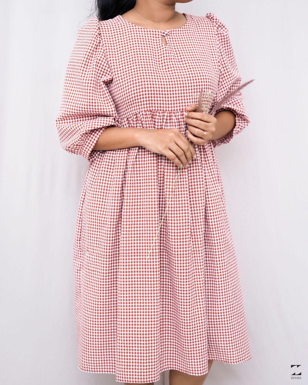 Red check midi dress – view 1